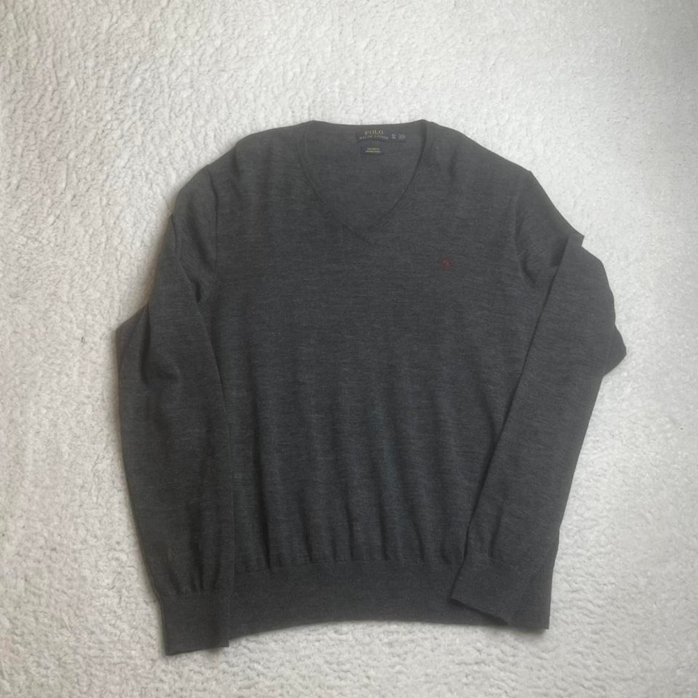 Polo ralph Lauren merino‎ wool men's grey v neck sweater preppy soft xl